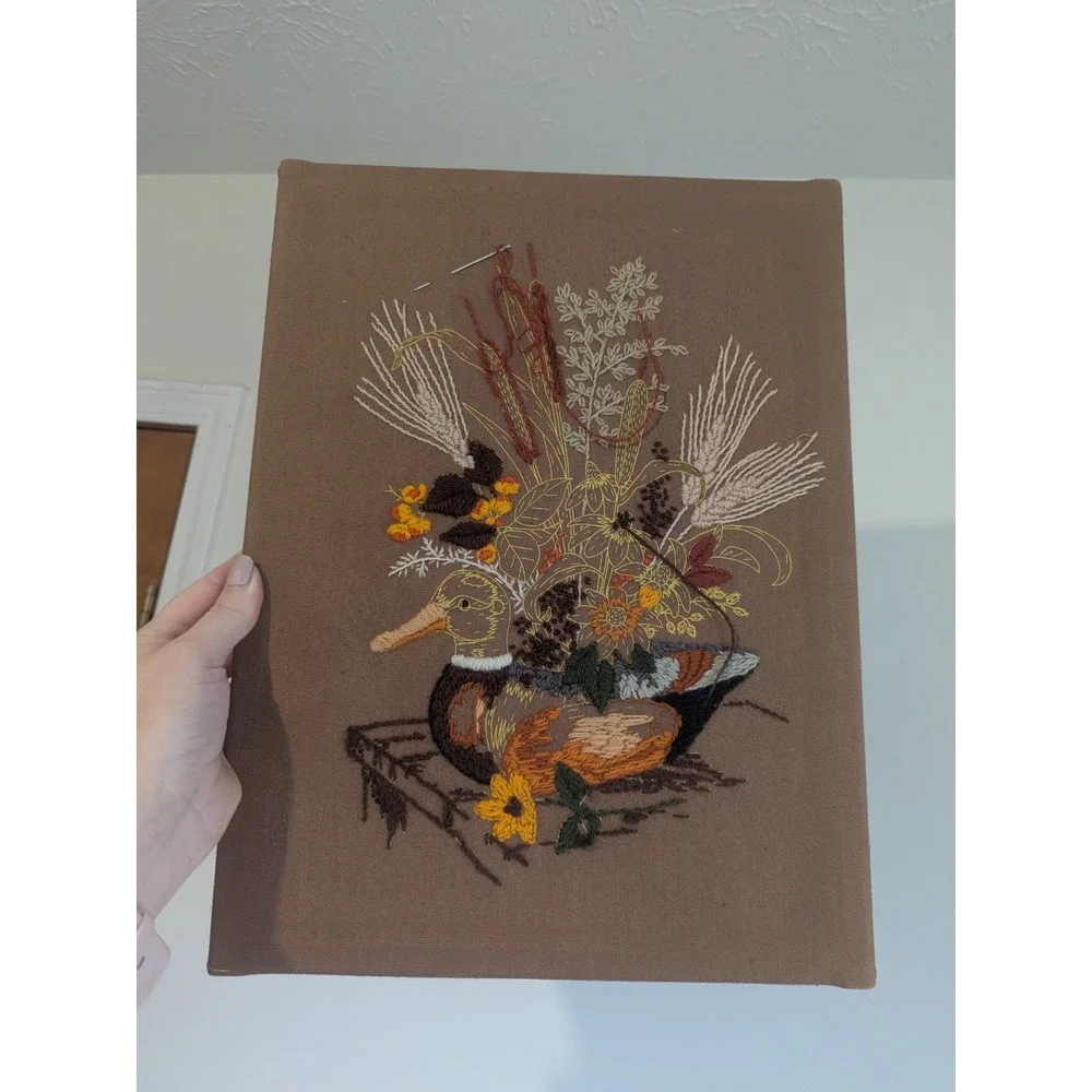 Vtg Embroidered Duck Floral Wall Art Framed The Creative Circle Unfinished 16x12